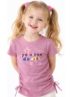 Noone Kız Çocuk "you Can Do It" Baskılı Büzgülü Detay T-Shirt | 5 Renk Seçeneği