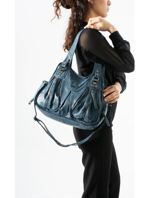 Baginn Yıkama S.deri Kadın Omuz Çantası Vegan Deri Çok Cepli Çapraz Askılı Kol Çantası 35*28 cm Suni Deri