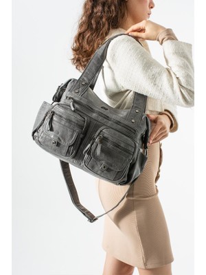 Baginn Yıkama S.deri Kadın Omuz Çantası Vegan Deri Çok Cepli Çapraz Askılı Suni Deri Kol Çantası 35*27 cm