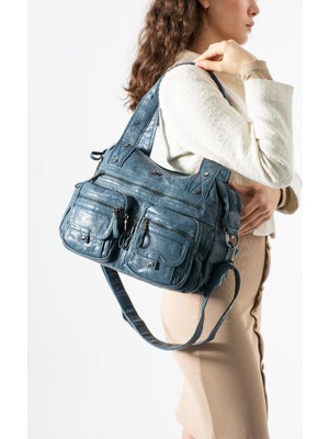 Baginn Yıkama S.deri Kadın Omuz Çantası Vegan Deri Çok Cepli Çapraz Askılı Suni Deri Kol Çantası 35*27 cm