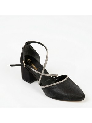 Ayakkabımood Siyah Saten Taşlı Topuklu Kadın Ayakkabı