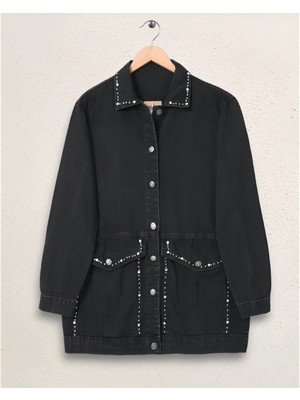 Moda Morfo Yaka Ve Ceplerinde Taş İşlemel Kot Ceket -Siyah