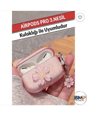 BMP GLOBAL Airpods Pro 3. Nesil Uyumlu Simli Pembe Kılıf - Çiçek Figürlü Askılı Koruyucu Lansman Kılıfı