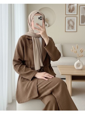 Moda Morfo Kapaklı Tünel Köprülü Ceketli Keten Takım -Kahve