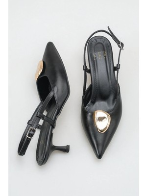 Sermoda Topuklu Kadın Ayakkabı - 5 cm Ince Topuklu Sivri Burun Arka Açık Stiletto Ayakkabı Siyah