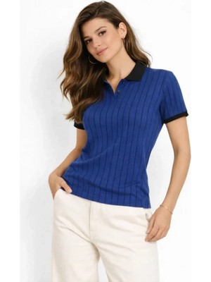 Pileli Store Pilelistore- Polo Yaka Çizgili Tişört Kısa Kol Düğmeli Yazlık T-Shirt - Saks Mavisi