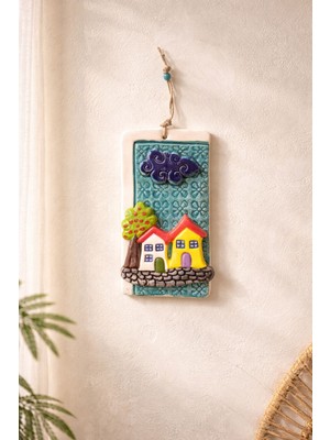 Marena Home Renkli Ev Seramik Duvar Süsü, 21X11 Cm, Renkli Ev Figürlü, Bohem Dekor, Duvar Aksesuarı, Hediyelik