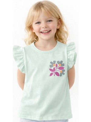Noone Kız Çocuk Çiçek Baskılı Fırfır Kol T-Shirt | Bisiklet Yaka | 5 Renk