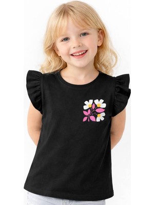 Noone Kız Çocuk Çiçek Baskılı Fırfır Kol T-Shirt | Bisiklet Yaka | 5 Renk