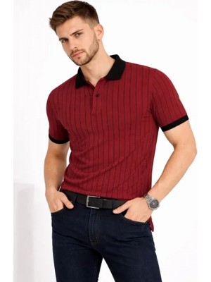 Pileli Store Pilelistore- Erkek Polo Yaka Çizgili Tişört Kısa Kol Düğmeli Yazlık T-Shirt - Bordo