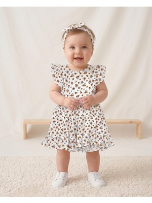 Ege Bebek Kız Bebek Yazlık Bandanalı Çiçek Baskılı Müslin Elbise, 6-9-12-18-24 Aylık Bayramlık Keten Elbise