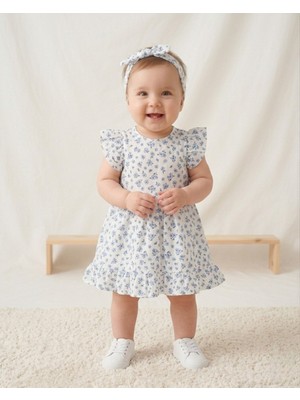 Ege Bebek Kız Bebek Yazlık Bandanalı Çiçek Baskılı Müslin Elbise, 6-9-12-18-24 Aylık Bayramlık Keten Elbise