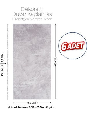Brano 30X60 cm Kendinden Yapışkanlı Duvar,banyo,tezgah Arası Kaplama Açık Gri 6 Adet