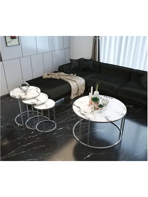 Vivense Tubihome Sehpa Takımı, Gümüş, Beyaz Mermer