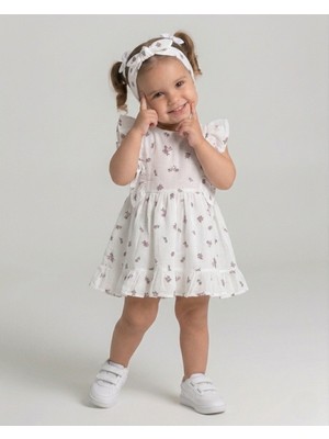 Ege Bebek Kız Bebek Yazlık Bandanalı Çiçek Baskılı Keten Elbise, 6-9-12-18-24 Aylık Bayramlık Keten Elbise