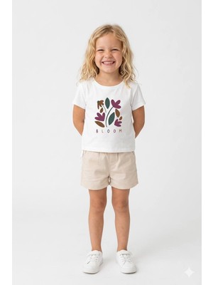 Noone Kız Çocuk "bloom" Baskılı Yan Bağlamalı T-Shirt | Bisiklet Yaka | 6 Renk