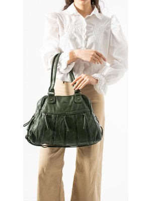 Baginn Yıkama S.deri Kadın Omuz Çantası Vegan Deri Çok Cepli Çapraz Askılı Kol Çantası 33*27 cm Suni Deri