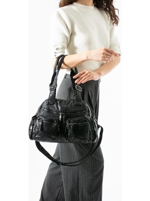 Baginn Yıkama S.deri Kadın Omuz Çantası Vegan Deri Çok Cepli Çapraz Askılı Suni Deri Kol Çantası 32*25 cm