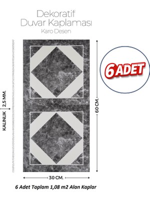 Brano 30X60 cm Kendinden Yapışkanlı Duvar,banyo,tezgah Arası Kaplama Karo Desen 6 Adet