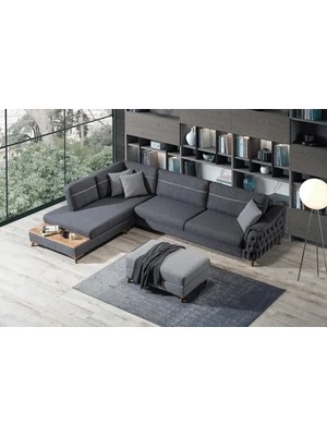 Vivense Karya Yataklı ve Puflu Köşe Koltuk, Antrasit, Sol Köşe