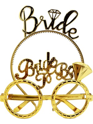 Hayat Store Bride Yazılı Taç ve Bride To Be Yazılı Gözlük Seti Altın Renk