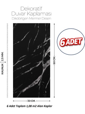 Brano 30X60 cm Kendinden Yapışkanlı Duvar,banyo,tezgah Arası Kaplama Siyah Mermer Desen 6 Adet
