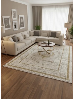 Çapan Armoni H7252A Beyaz Gold Madalyon Eskitme Salon Halısı 160X230 — Altın Bordür Flosh Saçaklı