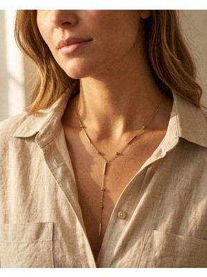 Mervan Takı Uzun Form Çelik Y Kolye – Çubuk Detaylı