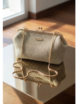 Solène Gold Clutch Çanta Şık Abiye Simli Ip El Yapımı Gece Çantası