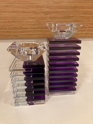 Plus Home Mumluk 2'li Şamdan Kristal El Yapımı Işçiliği Olan Renk Mor Şeffaf Yükseklik 20 ve 15 cm Çapı 8 cm