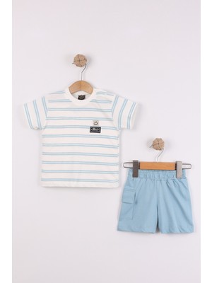 Joy Kids Erkek Bebek Çizgili Penye Basic Takım (9-24AY) (Beyaz-Turkuaz)