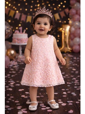 Kuzucuk Kids Kız Bebek Pembe Simli Dantel Doğum Günü / Özel Gün Elbisesi 1 Yaş