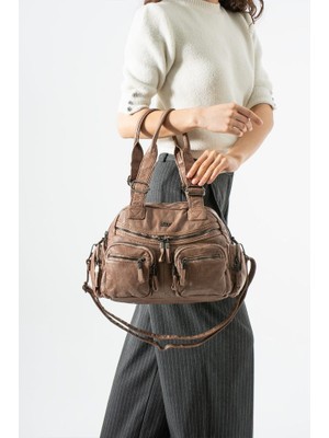 Baginn Yıkama S.deri Kadın Omuz Çantası Vegan Deri Çok Cepli Çapraz Askılı Suni Deri Kol Çantası 32*25 cm
