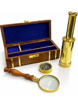 Hayat Store Ahşap Kutulu Pirinç Dürbün,pusula,büyüteç Seti 15304
