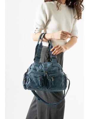 Baginn Yıkama S.deri Kadın Omuz Çantası Vegan Deri Çok Cepli Çapraz Askılı Suni Deri Kol Çantası 32*25 cm