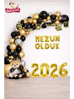 Bkmc Mezuniyet Parti Seti 2026 Siyah Gold Balon Zinciri Mezun Olduk Yazısı Rakam Balonlu Dekorasyon Seti