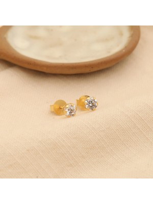 Nox Jewelry 14K Altın Kaplama Gümüş Yuvarlak Kesim Tektaş Küpe - 5mm