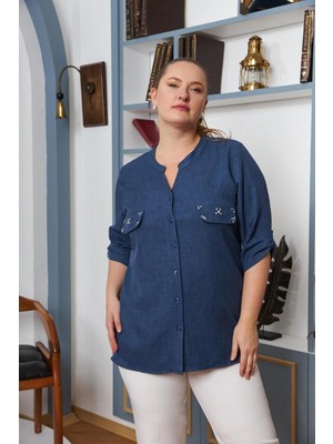 Rmg Cep Kapak Taş Detaylı Büyük Beden Gömlek Indigo