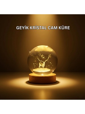 Pileli Store USB Bağlantılı Geyik Temalı Kristal Küre Premium Masa Gece Lambası