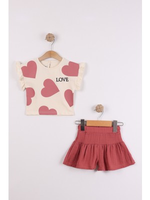 Joy Kids Kız Bebek Altı Müslin Şortlu Kalp Baskılı Penye Takım (9-36AY) (Bej-Kiremit)