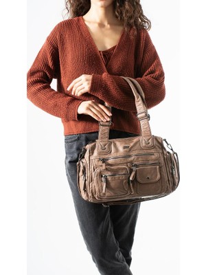 Baginn Yıkama Deri Kadın Omuz Çantası Vegan-Suni Deri Çok Cepli Çapraz Askılı Postacı Kol Çantası 32*25 cm