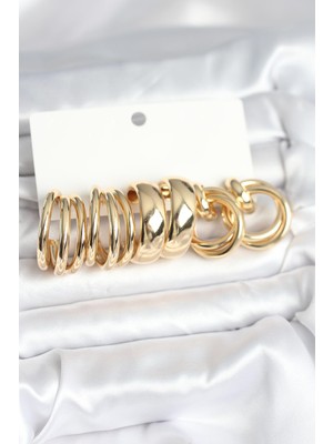 Pirinç Gold Renk 3 Çift Vintage Kadın Küpe Seti Nemere