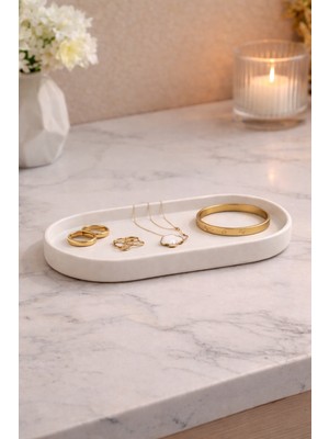 Dekoratif Beyaz Oval Takı - Aksesuar Tabağı + Sunum Tepsisi + Tütsülük + Mumluk