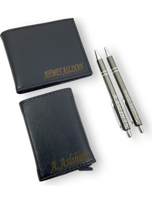 SürLaz 4 Parça Süper Set Isme Özel Erkek Cüzdan Isme Özel Kartlık ve 2 Isme Özel Tükenmez Kalem