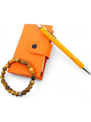 SürLaz Turuncu Vegan Deri Akordiyon Kartlık Isme Özel Kalem Şans Bilekliği 3 Lü Hediyelik Set
