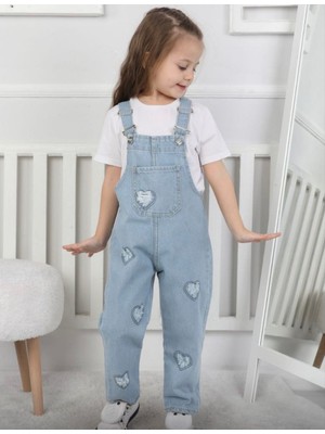 Gny Giyim Kız Çocuk Kalp Nakışlı Kot Salopet - Mavi Denim Bahçıvan Tulum