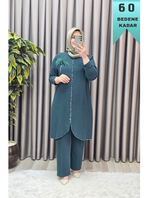 Elmas Tesettür Kadın Giyim Büyük Beden Taşlı Bronşlu Krep Kumaş Ikili Takım