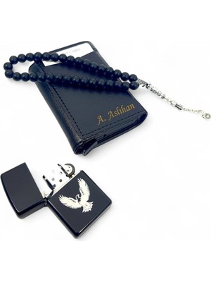 SürLaz Isme Özel Mekanizmalı Kartlık Kartal Baskılı Benzinli Çakmak Tesbih 3 Lü Set