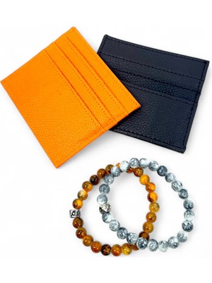 SürLaz Turuncu Vegan Deri Kartlık Siyah Vegan Deri Kartlık Şans Bilekliği Hediyelik Çift Seti