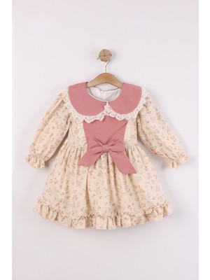 Joy Kids Kız Çocuk Kurdele Aksesuarlı Astarlı Keten Karışımlı Lüx Elbise (2-4yaş) (Ekru-Pembe)